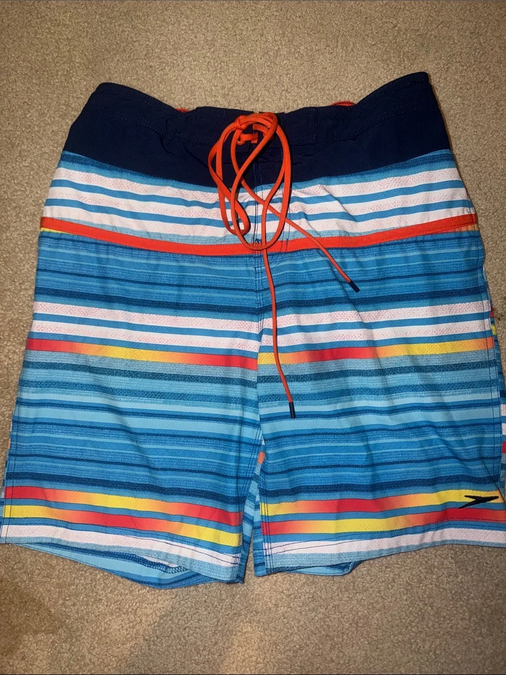 Speedo Navy and Orange Striped Swim Shorts Large Like New
